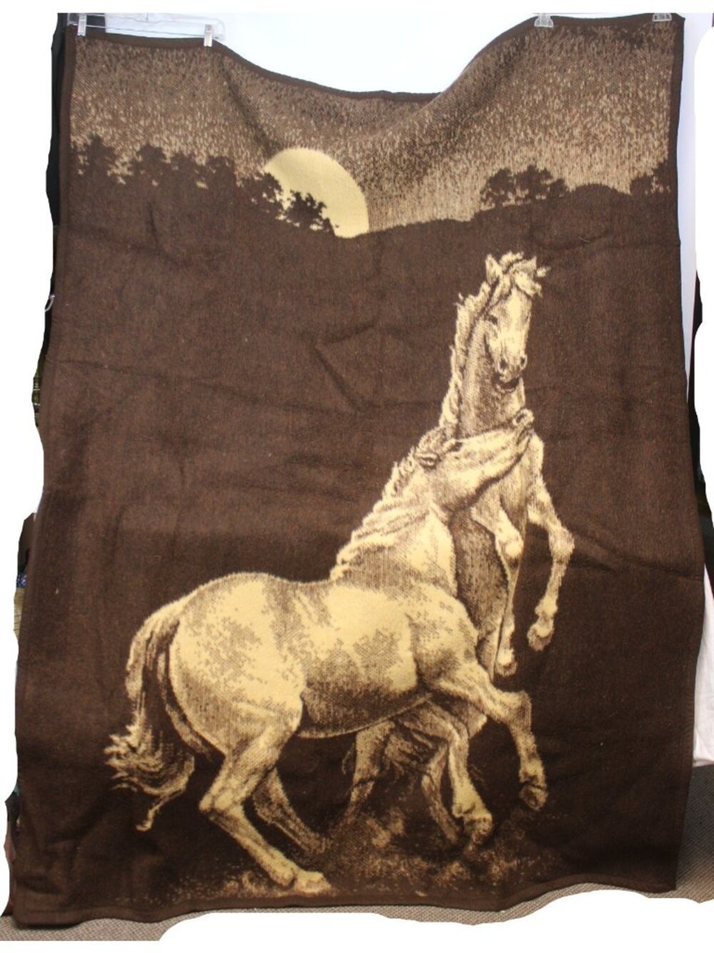 Vtg Revert Plush Blanket Wild Horses Country Equestrian Reversible Full Queen